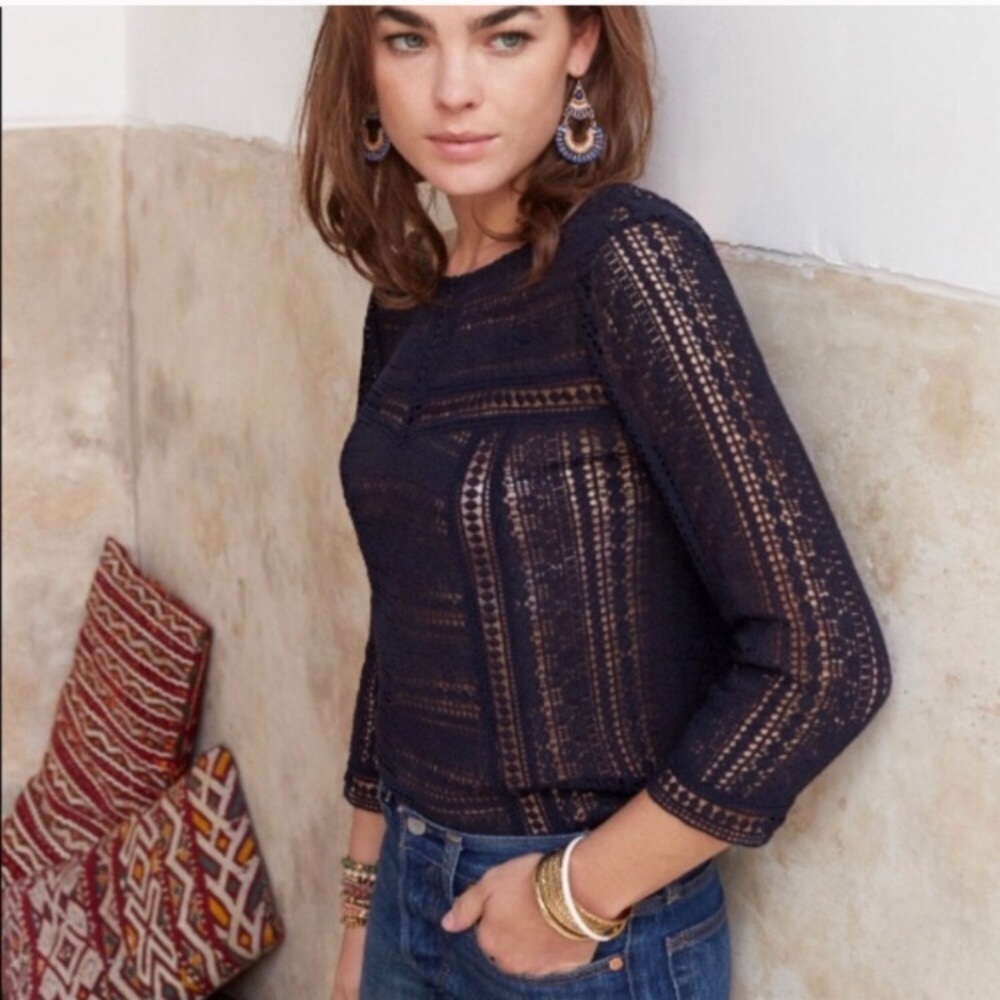 Sezane Izya Blouse Sz 36 Navy Openwork Blue
